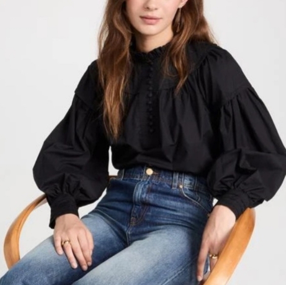 Ulla Johnson Black Marika Poplin Balloon Long Sleeve Blouse Women's Size 8 - Picture 3 of 14